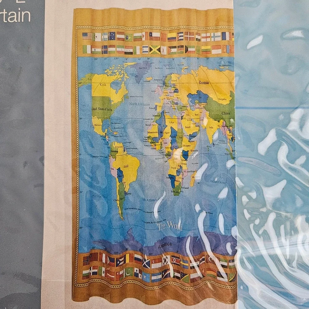 Essential Home World Map Shower Curtain 70x70 Vinyl NEW Educational Travel